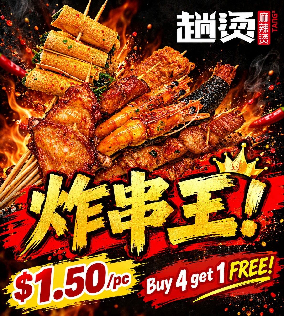 Parklane outlet only: Tang² Malatang fried skewers, $1.50 per piece, buy 4 get 1 free.